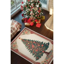 Homshtag Yeni Yıl Temalı Halı Krem Kırmızı Renkli Yeni Yıl Parti Halısı Yılbaşı Ağacı Hediyelik Halı