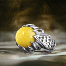 Takılingo 925 Ayar Gümüş Orijinal Damla Kehribar Taşlı El Işi Model Erkek Yüzük