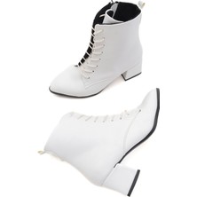 Divolya Katerina Beyaz (5cm) Kalın Topuklu (5cm) Sivri Burun Bağcıklı Günlük Kadın Bot