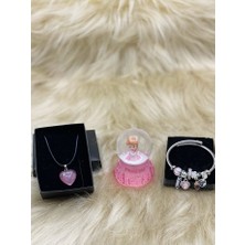 Mirabella Gift Charmlı Pandora Paslanmaz Çelik Ayarlanabilir Çelik Bileklik , Frozen Temalı Mini Işıklı Kar Küresi ve Doğaltaş Kolye