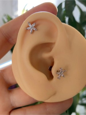 Ares Collection Cerrahi Çelik Zirkon Taşlı Önden Takmalı Arkası Düz Tragus Helix Kıkırdak Conch Lobe Piercing Küpe Lbrt