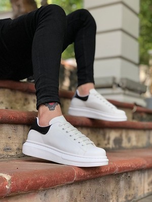 BOA BA0547 Boa Kalın Yüksek Taban Beyaz Siyah Bağcıklı Spor Erkek Ayakkabı