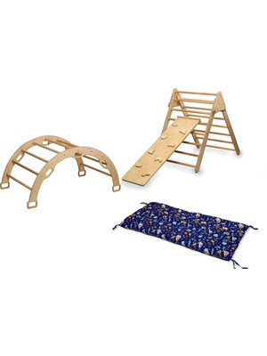 Kidoppo Pikler Tırmanma Seti ve Yastık | Montessori 3'lü Set | kemer + Üçgen + Taşlı Rampa + Orman Yastık