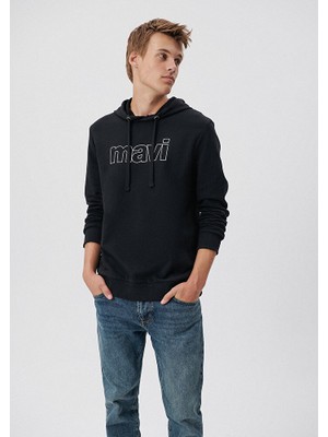 Mavi Erkek Mavi Logo Baskılı Kapüşonlu Siyah Sweatshirt 065606-900