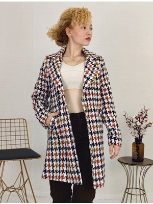 Yagmur Beren Kaz Ayağı Desenli Astarlı Ara Boy Kadın Kaşe Kaban