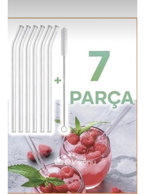 Kitchen Pembelia 6 Parça Şeffaf Cam Eğimli Pipet ve Temizleme Fırçası Kokteyl ve Sunum Pipet