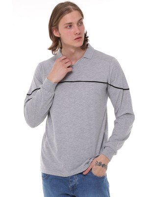 Uniprom Uzun Kollu T- Shirt Penye Polo Yaka  Pamuk Gri Melanj Erkek