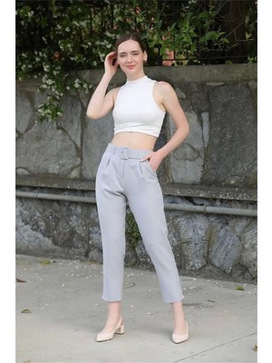 Lodmela Kemer ve Pile Detaylı Kumaş Pantolon 1754 Gri