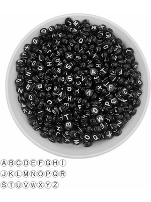 Hedef Bujiteri Aksesuarları 50GR Harf Boncuk - 4X7MM Yassı Siyah Zemin Üzeri Beyaz Harfli Boncuk ( 50GR,~375 Adet)