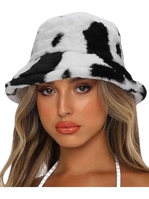 Uniquerrs Kadın Sevimli Inek Desenli Peluş Bucket Şapka