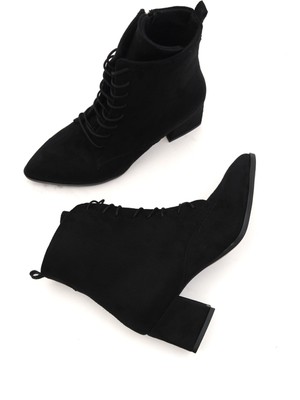 Divolya Katerina Siyah Süet (5cm) Kalın Topuklu (5cm) Sivri Burun Bağcıklı Günlük Kadın Bot