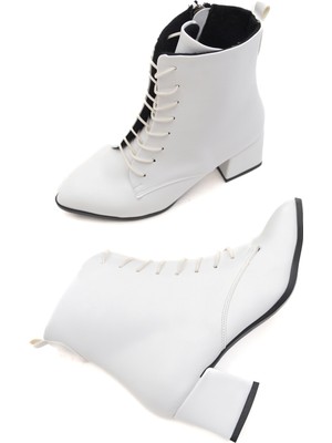 Divolya Katerina Beyaz (5cm) Kalın Topuklu (5cm) Sivri Burun Bağcıklı Günlük Kadın Bot