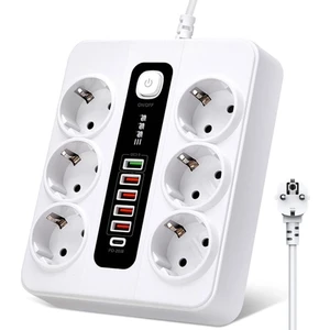 H-04 Termal Akım Korumalı 3000W 10 Amper 6'lı Priz 2 Metre Uzatma Kablosu Çoklu Priz 5 USB 1 Type C Pd Girişli Hızlı Şarj İstasyonu