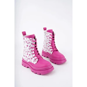 Pembe Beyaz Renkli Barbie Baskılı Fermuarlı Bağcıklı Lüks Kız Çocuk Botu