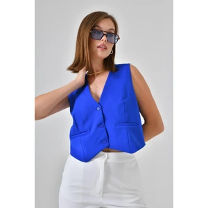 Saks Mavi Cep Detaylı Pensli 3 Düğme Kapama Astarlı Yelek