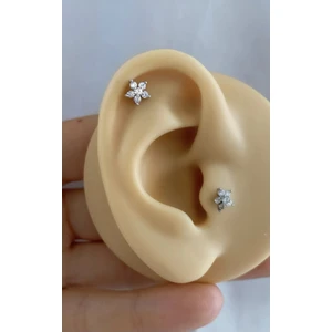 Ares Collection Cerrahi Çelik Zirkon Taşlı Önden Takmalı Arkası Düz Tragus Helix Kıkırdak Conch Lobe Piercing Küpe