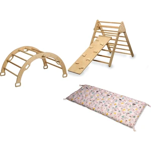 Pikler Tırmanma Seti ve Yastık | Montessori 3'lü Set | kemer + Üçgen + Taşlı Rampa + Flamingo Desenli Yastık