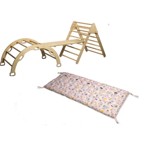 Pikler Tırmanma Seti ve Yastık | Montessori 3'lü Set | kemer + Üçgen + Merdiven Rampa + Flamingo Desenli Yastık