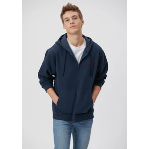 Erkek Mavi Logolu Kapüşonlu Fermuarlı Lacivert Sweatshirt 066979-70490