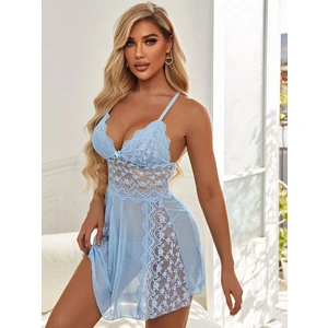 Renkli Fırsatlar Kadın Dantelli Göğüs ve Sırt Dekolteli Seksi Mavi Gecelik L/xl