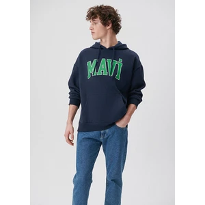 Erkek Mavi Logo Baskılı Kapüşonlu Lacivert Sweatshirt 067149-29743