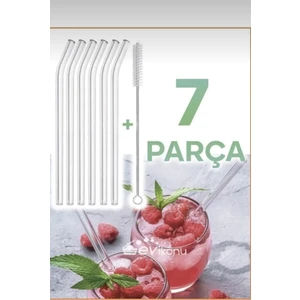 Kitchen Pembelia 6 Parça Şeffaf Cam Eğimli Pipet ve Temizleme Fırçası Kokteyl ve Sunum Pipet