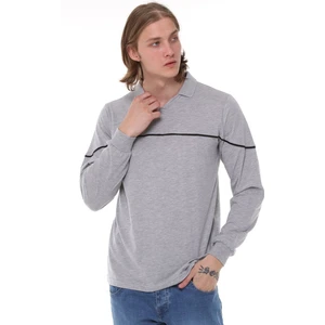 Uzun Kollu T- Shirt Penye Polo Yaka  Pamuk Gri Melanj Erkek