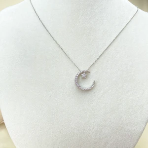 Ay Yıldızlı Kolye Hilal Yıldız Kolye Zirkon Taşlı Çelik Silver 40+5 cm