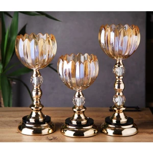 Tasarım Evi Ultra Lüks Kristal Taşlı Metal Ayaklı Gold Şamdan 3'lü Set Cam
