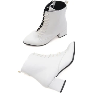 Katerina Beyaz (5cm) Kalın Topuklu (5cm) Sivri Burun Bağcıklı Günlük Kadın Bot