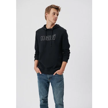 Mavi Erkek Mavi Logo Baskılı Kapüşonlu Siyah Sweatshirt