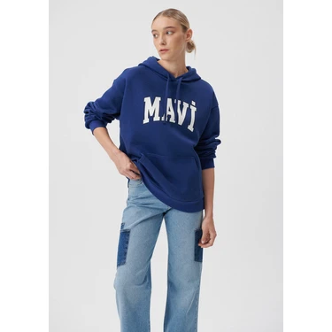 Mavi Kadın Mavi Logo Baskılı Kapüşonlu Lacivert Sweatshirt