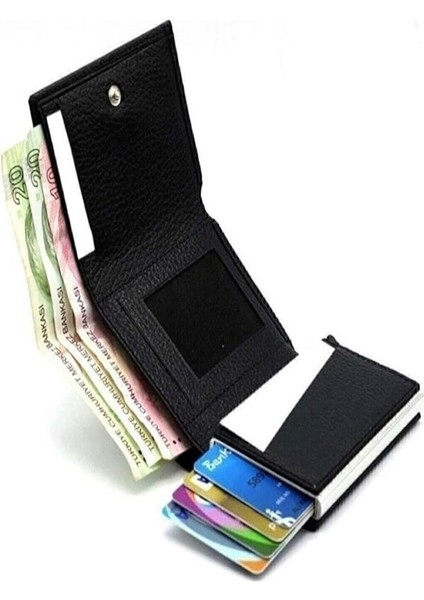 Deri Kaplama Alüminyum Mekanizmalı Otomatik Cüzdan Kartlık Unisex fırsatları