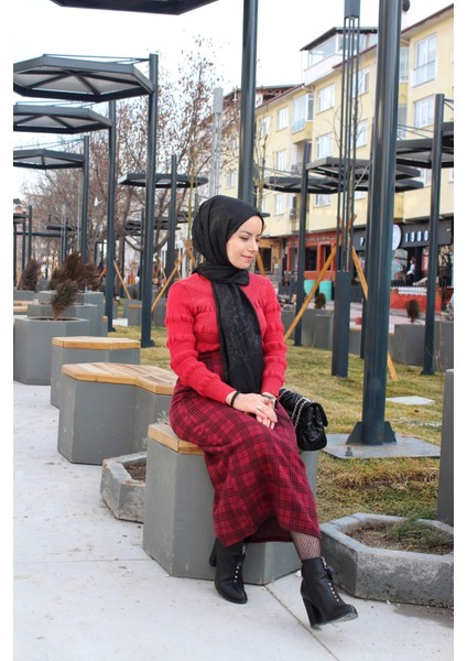Kıslık Jakar Kalem Etek Bordo Ekose Kareli Xxl