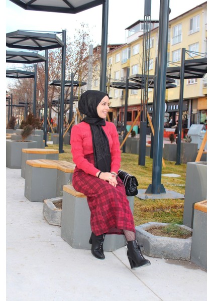 Kıslık Jakar Kalem Etek Bordo Ekose Kareli Xxl modelleri