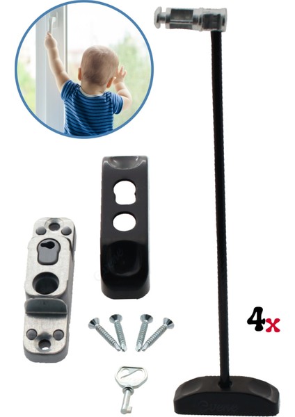 Siyah Pencere Kilidi 4 Adet Halatlı Çocuk Güvenlik Emniyet Hırsız Pimapen Pvc Kapı Bebek Kilidi