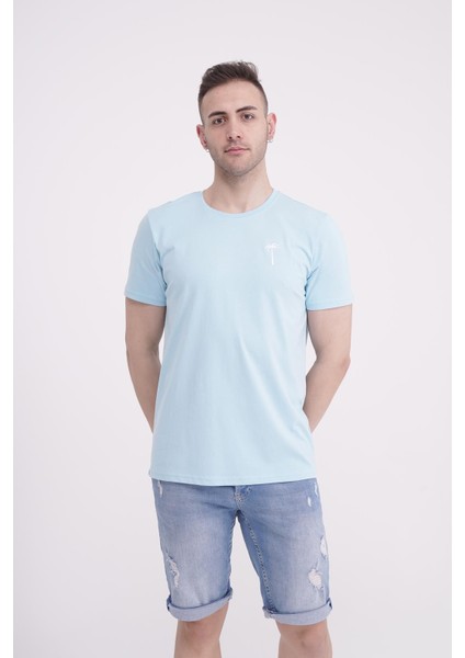 Palmiye Nakışlı Bisiklet Yaka Açık Mavi Tshirt