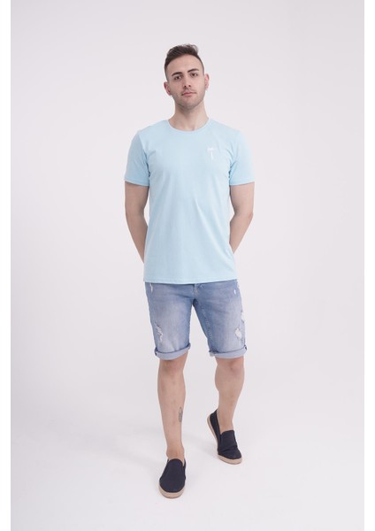 Palmiye Nakışlı Bisiklet Yaka Açık Mavi Tshirt