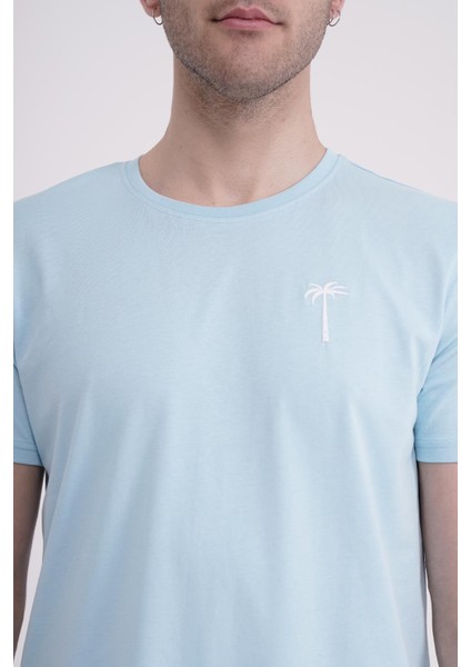 Palmiye Nakışlı Bisiklet Yaka Açık Mavi Tshirt