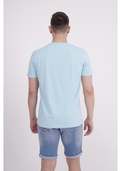 Palmiye Nakışlı Bisiklet Yaka Açık Mavi Tshirt