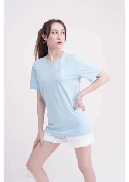 Palmiye Nakışlı Bisiklet Yaka Açık Mavi Tshirt