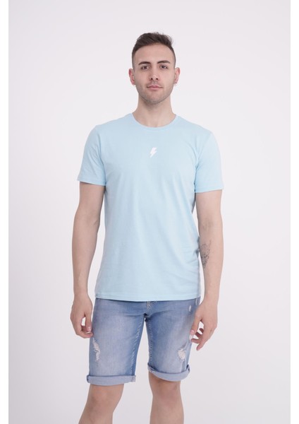 Şimşek Nakışlı Bisiklet Yaka Açık Mavi Tshirt