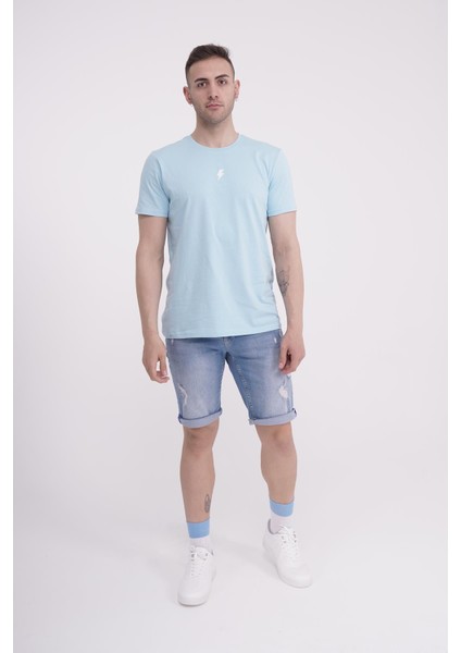 Şimşek Nakışlı Bisiklet Yaka Açık Mavi Tshirt