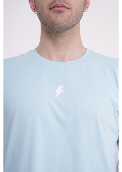 Şimşek Nakışlı Bisiklet Yaka Açık Mavi Tshirt