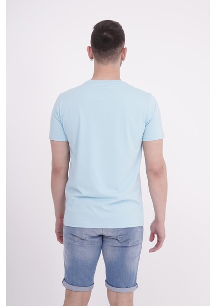 Şimşek Nakışlı Bisiklet Yaka Açık Mavi Tshirt