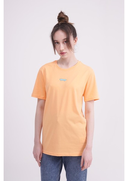 Kaykay Nakışlı Bisiklet Yaka Turuncu Unisex T-Shirt