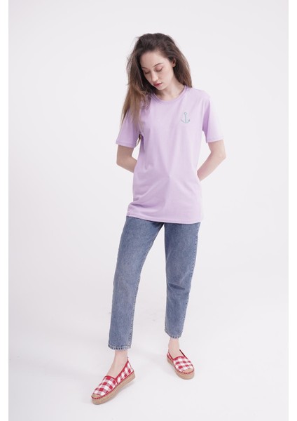 Çapa Nakışlı Bisiklet Yaka Lila Unisex T-Shirt fiyatları