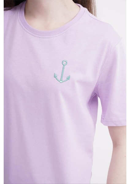 Çapa Nakışlı Bisiklet Yaka Lila Unisex T-Shirt modelleri