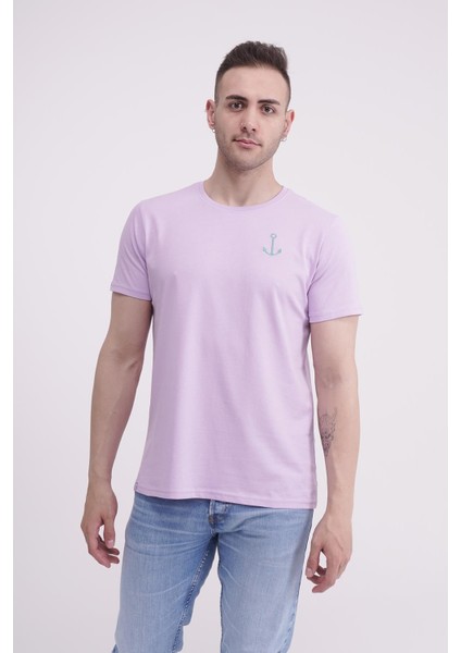 Çapa Nakışlı Bisiklet Yaka Lila Unisex T-Shirt indirimleri