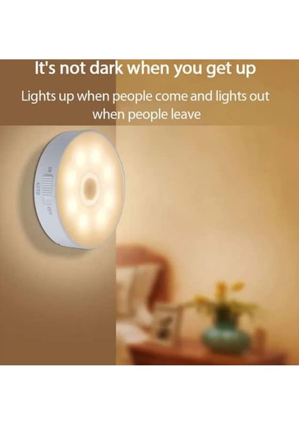 Coverzone Hareket Sensörlü LED Gece Lambası Kablosuz Yuvarlak USB Şarjlı Dolabı Gece Lambası Başucu Yatak Odası Lambaları Dolap Depo Merdiven Koridor Aydınlatma 1 Adet